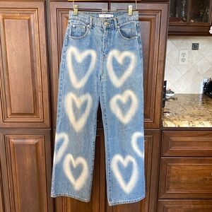 Adika Blue Denim Wide Leg Jeans with White Heart Spray Design